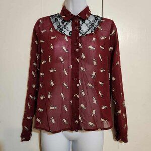 Small Forever 21 Exclusive Maroon Chiffon Sheer Lace Kitty Cat Print Button Top